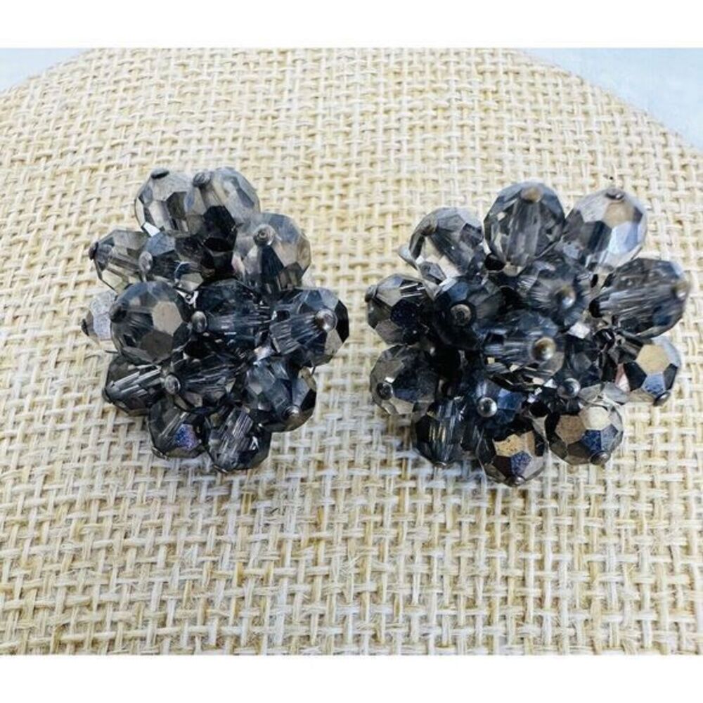 Vintage Aurora Borealis Bead Cluster Earrings Clip On Gray Iridescent Sparkly